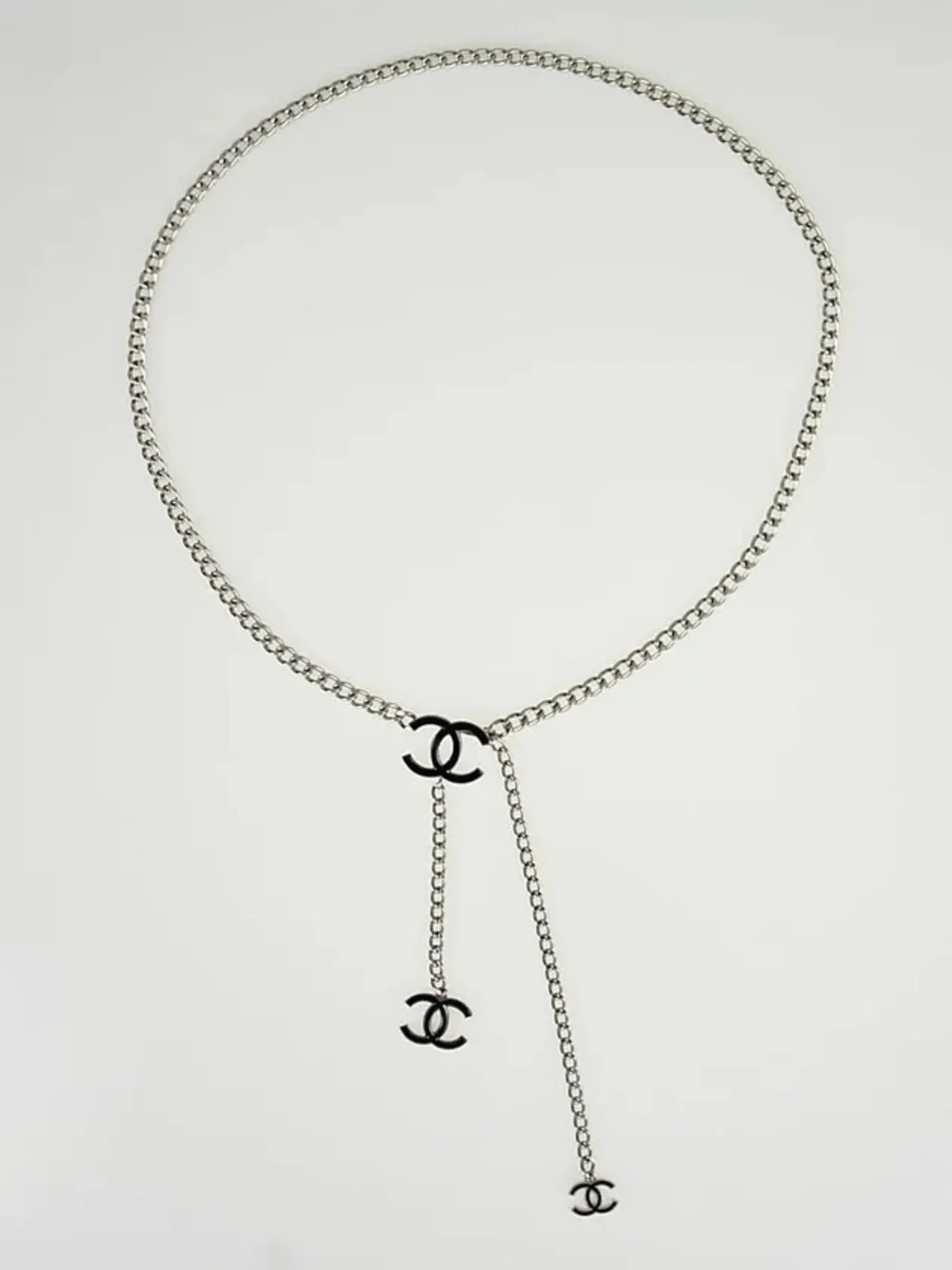 Chanel Vintage A12 Enamel Black Silver Metal Waist Chain Neck Chain